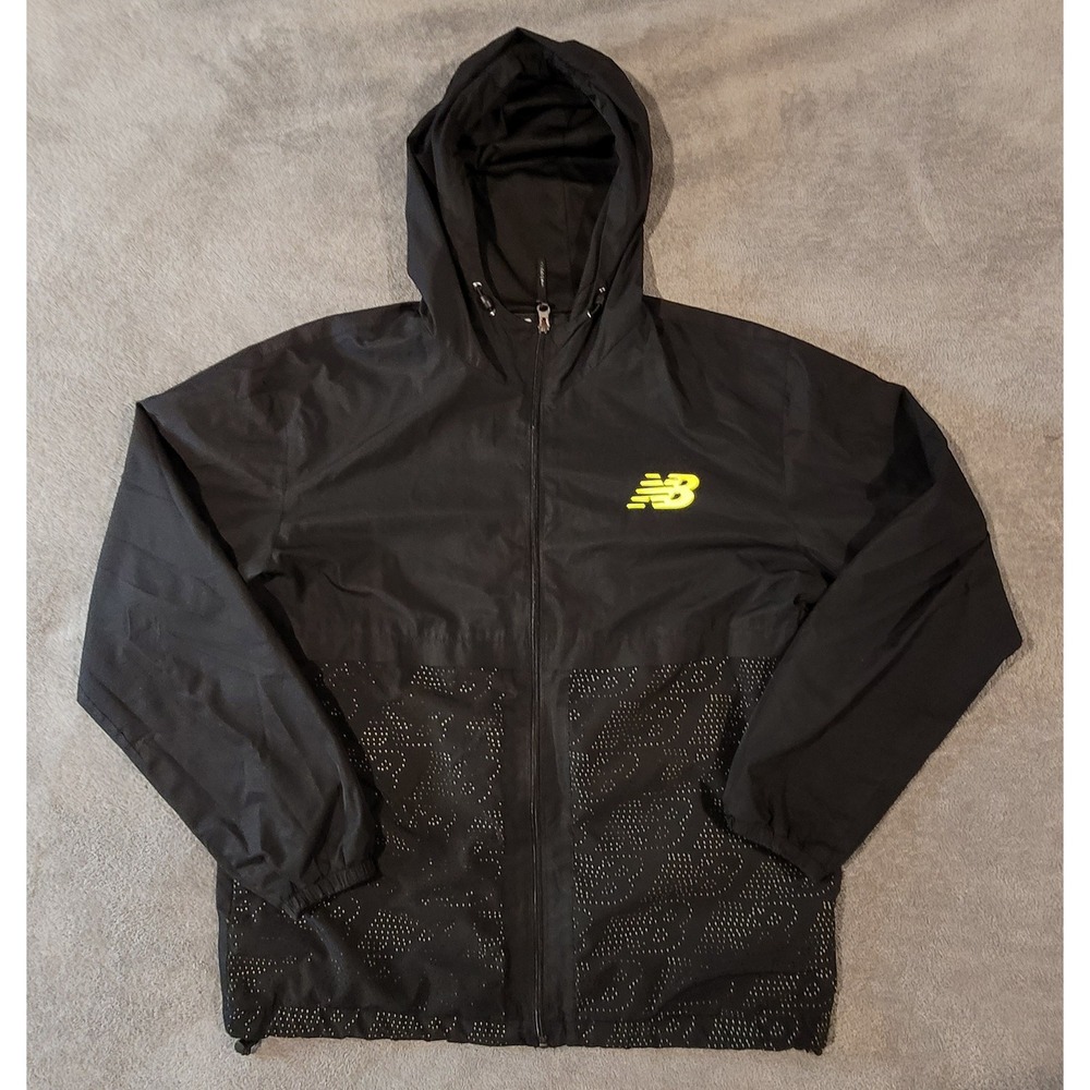 New Balance Mens Black Hooded Windbreaker Jacket Neon Logo Perforated Size M